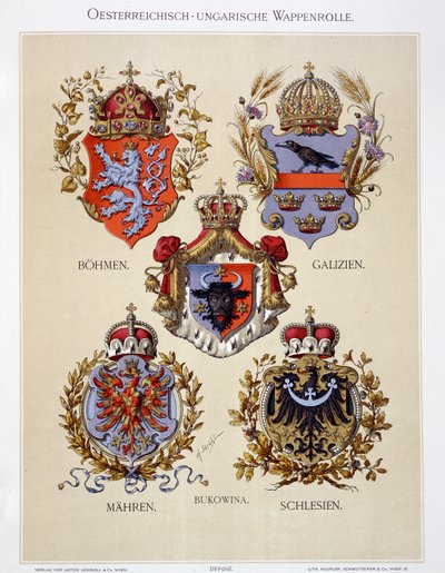 Itävalta-Unkarin valtakunnan vaakunoita, taiteilijan Heraldischer Atlasista, 1899 tekijältä Hugo Gerard Strohl