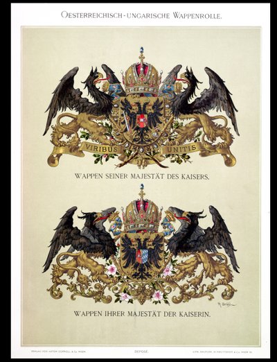 Kilpi, jossa keisari Frans Joseph I:n (1830-1916) ja keisarinna Elisabetin (1837-98) vaakuna taiteilijan Heraldischer Atlasista, 1899 tekijältä Hugo Gerard Strohl