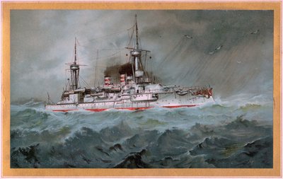 TEKSTIVIESTI. Linienschiff Brandenburg (vaakuna punainen kotka valkoisella kilvellä, S.M.S. Wörth = musta keisarikotka kultaisella kilvellä) tekijältä Hugo Graf