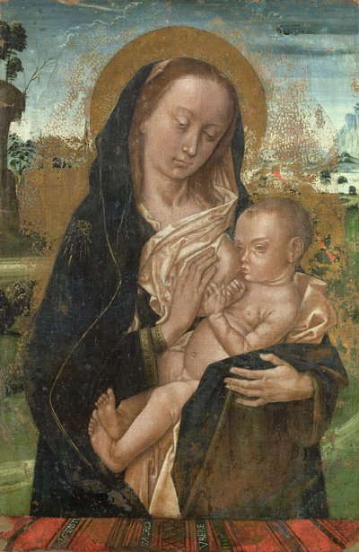Neitsyt Maria hiljentäen Jeesus-lapsen, vuoden 1476 jälkeen tekijältä Hugo van der studio of Goes