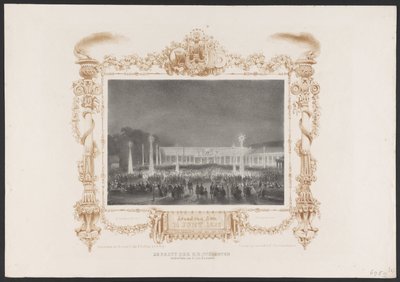 Iltajuhlat opiskelijoille, 1836 Puolue H.H. Opiskelijat puutarhassa C. van Leeuwen / Ilta 14. kesäkuuta 1836 (otsikko esineessä) Lautaset Utrechtsche Hogeschoolin toisen satavuotisjuhlan kunniaksi, 1836 (sarjan nimi) tekijältä Huib van Hove Bz