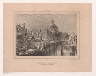 Gezicht op de Stromarkt, het Singel en de Lutherse kerk Luterilainen kirkko. Näkymä otettu kanavalta (tunnetaan nimellä Singel) (otsikko esineessä) Muisto Amsterdamista Kahdeksan näkymää piirtänyt ja litografoinut luonnosta H. van Hove Bz. (sarjan nimi) tekijältä Huib van Hove Bz
