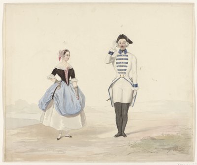 Mies ja nainen historiallisessa asussa, 1841 Kuusi akvarellia aikakauden pukuja pukuballiin vuonna 1841 (sarjan nimi) tekijältä Huib van Hove Bz
