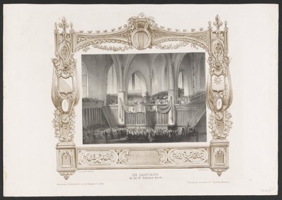 Kulkue painokoneen kanssa, 1836 Kantaatti Pyhän Jaakobin kirkossa / 17.6.1836 (otsikko esineessä) Lautaset Utrechtsche Hogeschoolin toisen satavuotisjuhlan kunniaksi, 1836 (sarjan nimi) tekijältä Huib van Hove Bz