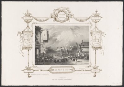 Kulkue painokoneen kanssa, 1836 Optogt van eene työskentelee Drukkerij / 15.6.1836 (nimi esineessä) Lautaset Utrechtsche Hogeschoolin toisen satavuotisjuhlan kunniaksi, 1836 (sarjan nimi) tekijältä Huib van Hove Bz