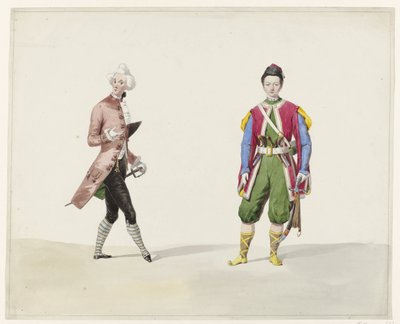 Kaksi miestä historiallisessa asussa, 1841 Kuusi akvarellia historiallisista puvuista pukupalloon vuonna 1841 (sarjan nimi) tekijältä Huib van Hove Bz