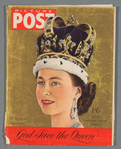 Kopio Picture Post -lehden erikoispainoksesta kuningatar Elisabet II:n kruunajaisten kunniaksi, 13. kesäkuuta 1953 Kuvapostaus / Special Coronation matkamuistonumero (otsikko esineessä) tekijältä Hulton Press Ltd.