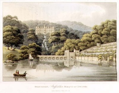 Beaudesert, Staffordshire, julkaisusta "Fragments on the Theory and Practice of Landscape Gardening", pub. 1816 (väri litho) tekijältä Humphry Repton
