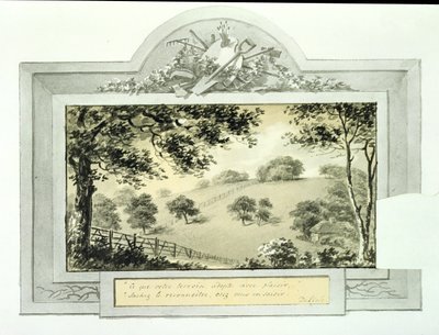 Tontin "ennen" näkymä, Antony Housen punaisesta kirjasta, n. 1812 (muste paperilla) (katso "jälkeen" -näkymä kohdasta 170691) tekijältä Humphry Repton