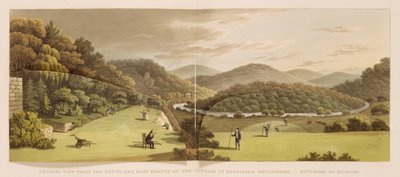 Yleinen näkymä mökin etelä- ja itäpuolelta Endsleighissä, Devonissa (ennen) julkaisusta "Fragments on the Theory and Practice of Landscape Gardening", pub. 1816 (väri litho) (katso myös 103914) tekijältä Humphry Repton