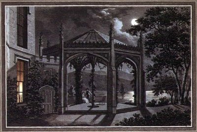 Goottilaisen kartanon paviljonki ja kasvihuone, "Havaintoja maisemapuutarhanhoidon teoriasta ja käytännöstä", pub. 1802 (väri litho) tekijältä Humphry Repton