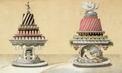 Suunnittelu Charlottes a la Reine & Pain de Framboises a la Ledan esittelyyn, kuvitus unkarilaisesta keittokirjasta ranskalaisesta ruoanlaitosta, n. 1880 tekijältä Hungarian School