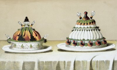 Suunnitelma Bertholdin tapaan kypsennetyn hanhenmaksalla ja fasaanin rinnoilla täytetyn kanan esittelyyn, kuvitus unkarilaisesta ranskalaista ruoanlaittoa käsittelevästä keittokirjasta, n. 1880 tekijältä Hungarian School