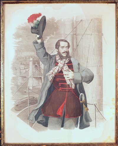 Lajos Kossuthin (1802-94) muotokuva Ketjusillalla Budapestissa, 1849 tekijältä Hungarian School