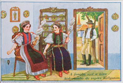 Postikortti, jossa naiset perinteisessä unkarilaispuvussa pyörivät ja laulavat suosittua laulua Sing a Song to the Frog, n. 1940 tekijältä Hungarian School