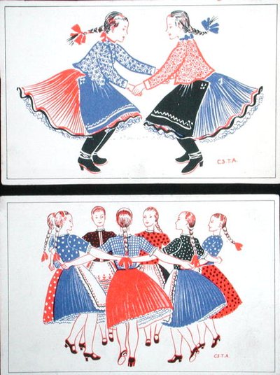 Perinteisiä unkarilaisia tansseja kuvaavat postikortit, n. 1947-1948 (värilitho) tekijältä Hungarian School