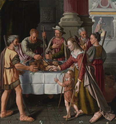 ""Juutalaisen pääsiäisen ensimmäinen päivä"" (Ensimmäinen pääsiäisjuhla) Huybrecht Beuckelaerin maalaus (toimii noin 1563-1584) - 1563 - Öljy puulle Koko 105x99 cm Yksityiskokoelma tekijältä Huybrecht Beuckeleer or Beuckelaer