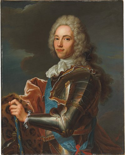 Duc de Broglien muotokuva, Sainte Espritin ritarikunnan vyö ja Ranskan marsalkka sauva tekijältä Hyacinthe Francois Rigaud
