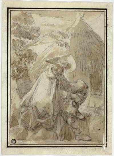Thatched Hutin istuva mies manttelissa tekijältä III Follower of Herman Saftleven