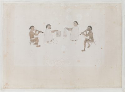 Tahitin muusikot. Neljä tahitilaista, kaksi tammaan pukeutuneena soittamassa nenähuilua; kaksi tiputa-rumpuihin pukeutunutta, Tallennettu Joseph Banks