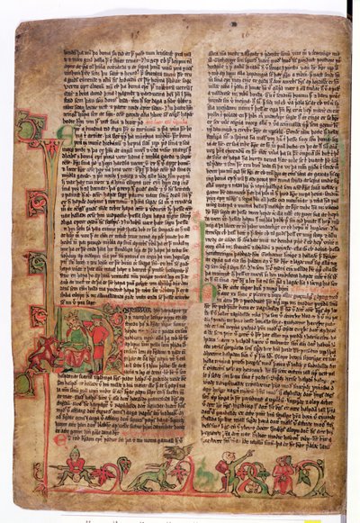 Historioitu alkukirjain D Olaf Tryggvasonin saagan alussa, Flateyjarbokista (Flateyn kirja) 1300-luvun lopulla tekijältä Icelandic School