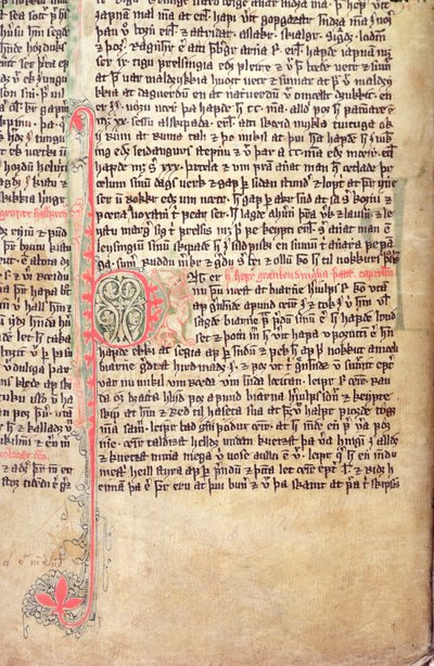 Historioitu alkukirjain P Grönlantilaisten saagan alussa, Flateyjarbokista (Flateyn kirja) 1300-luvun lopulla tekijältä Icelandic School