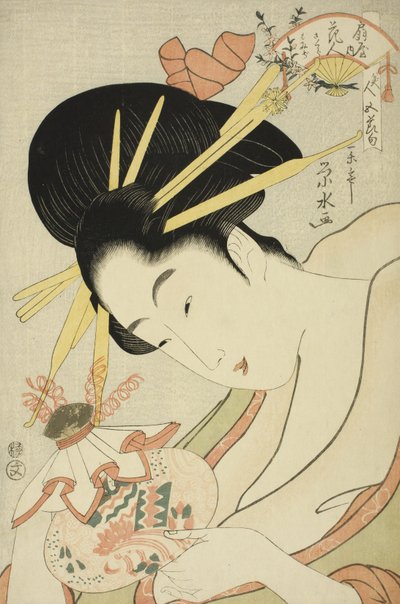 Kurtesaani Hanahito Ogiyasta ja palvelijat Sakura ja Momiji sarjasta Beauties of the Five Festivals tekijältä Ichirakutei Eisui