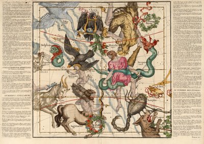 Talvipäivänseisaus, levy 5 kuvauksesta taivaallisesta maapallosta litteissä pöydissä, pub. 1674 (käsinvärinen kaiverrus) tekijältä Ignace Gaston Pardies