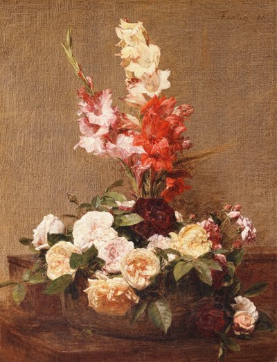Gladiolit ja ruusut, 1881 tekijältä Ignace Henri Jean Fantin Latour