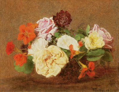 Ruusuja ja nasturtioita maljakossa, 1883 tekijältä Ignace Henri Jean Fantin Latour