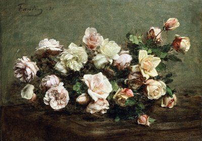 Valkoisten ruusujen maljakko pöydällä; Valkoisten ja vaaleanpunaisten ruusujen maljakko pöydällä, tekijältä Ignace Henri Jean Fantin-Latour