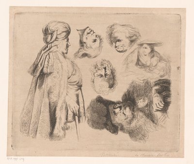Sävellys itämaisen miehen, naisen lapsen kanssa ja neljän miehen pään kanssa tekijältä Ignace Joseph de Claussin (attributed to)