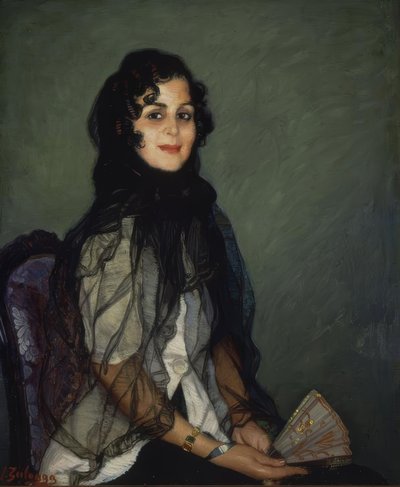 ANGUSTIAS DE BLANCO CON MANTILLA NEGRA Y ABANICO – SIGLO XX – O / L – 95X79CM tekijältä Ignacio Zuloaga y Zabaleta