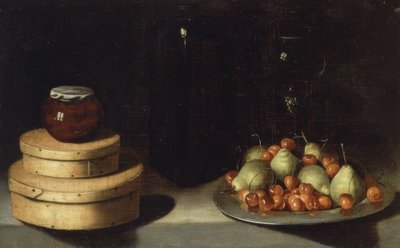 Asetelma (tarjotin, jossa on kirsikoita ja päärynöitä, laatikoita ja pullo hunajaa) - XX vuosisadan tekijältä Ignacio Zuloaga y Zabaleta