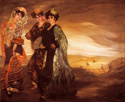 Kolme serkkua (perinteisillä espanjalaisilla tanssijoiden puvuilla) n. 1903 (öljy kankaalle) tekijältä Ignacio Zuloaga y Zabaleta
