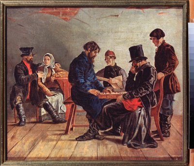 The Drafts Players (kaksi keskittynyt pelaajaa, muusikko ja pariskunta, tavernassa) - Drafts Players - Ignati Stepanovitš Shchedrovskyn (1815-1870) maalaus, öljy kankaalle - 1800-luvun venäläinen taide - Valtion taidemuseo, Nižni Novgorod ( Venäjä) tekijältä Ignati Stepanovich Shchedrovsky