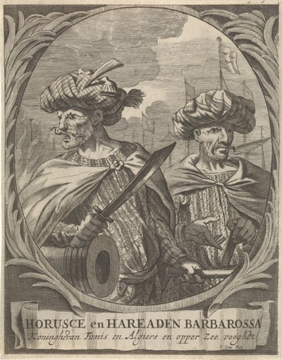 Muotokuvia Horuscesta ja Hareaden Barbarossasta, Barbary-merirosvoista Horusce ja Hareaden Barbarossa, Tunisin ja Algerin kuningas ja Ylämeren vartija (otsikko esineessä) tekijältä Ignatius Lux