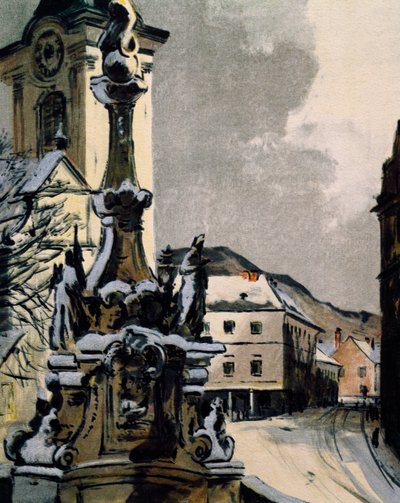 Näkymä Hainburg an der Donausta, Itävallasta, kaupungista, jossa Franz Joseph Haydn (1732-1809) opiskeli musiikkia vuosina 1738-1740, Igo Potschin (1884-1943) vedos muusikon satavuotisjuhlan kunniaksi tekijältä Igo Potsch