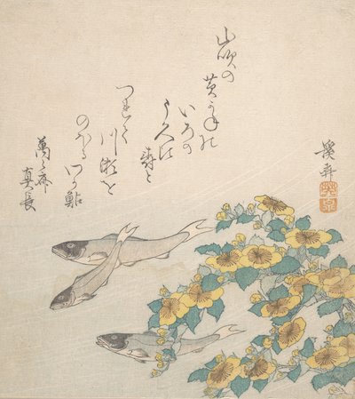 Kalat uivat keltaisilla kukilla, n. 1830. tekijältä Ikeda Eisen