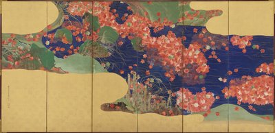 Vaahteranlehdet purossa, kuuden paneelin näyttö, Edo-kausi, 1856-58 tekijältä Ikeda Koson