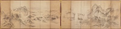 Mountain Views, kuuden paneelin näytön kääntöpuoli, Edo-kausi, 1856-58 (pesu paperille) tekijältä Ikeda Koson