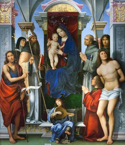 Madonna ja lapsi valtaistuimella, pyhimysten kanssa tekijältä Il (1450-1517) Francia