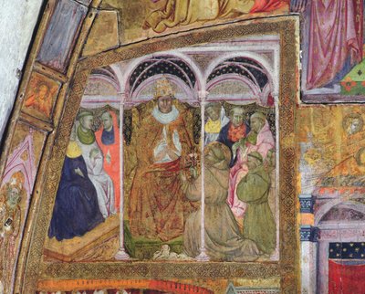Pyhä Franciscus rukoilee paavi Honorius III:ta antaumukselle, fresko Porziuncolasta, 1393 tekijältä Ilario da Viterbo