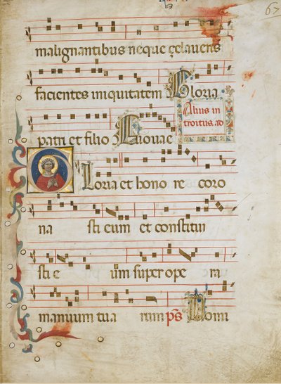 Käsikirjoitus Lehti, jossa naispyhimys, mahdollisesti Dorothy, Initial G..., n. 1330-40. tekijältä Illustratore