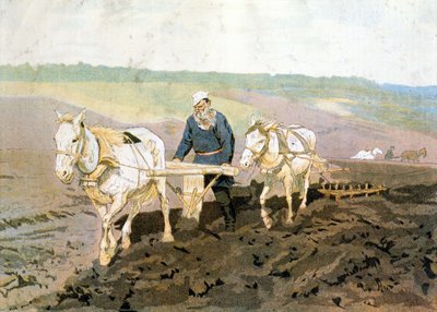 Kreivi Tolstoi kyntämässä - Repinen maalauksen mukaan tekijältä Ilya Efimovich (after) Repin