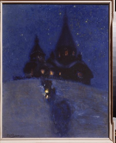 Kirkko Kuokkalassa (tai Repinossa, Venäjällä) jouluyönä. Maalaus Juri Iljitš Repin (Youri Repin) (1877-1954), öljy puulle, noin 1910. Venäläistä taidetta, 1900-luku. I. Repinin muistomuseo Penates, Pietari. tekijältä Ilya Efimovich Repin