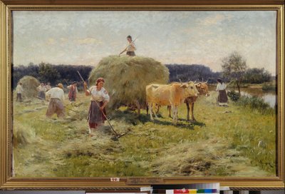 Heinänteko (Kesämaatalouskohtaus, talonpojat keräämässä heinää härkätiimissä) - Heinänteko - Nikolai Kornilovich Pimonenkon (1862-1912) maalaus, öljy kankaalle tekijältä Ilya Efimovich Repin