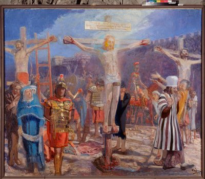 Golgata. (Ristiinnaulitsemisen kohtaus). Sivuilla hyvä varas (kutsutaan myös Saint Dismasiksi (tai Dysmas, Dimas, Dumas) ja paha varkaat (Gesmas tai Gestas), kaksi Jeesuksen Kristuksen kanssa ristiinnaulittua varasta. Juri Iljitš Repinin (Youri) maalaus tekijältä Ilya Efimovich Repin