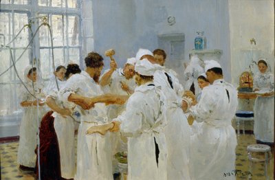 Kirurgi Ivan Pavlov (1849-1936) leikkaussalissa (The Surgeon Pavlov in an Operating Room). Lääkäritiiminsä, avustajiensa ja sairaanhoitajiensa ympäröimänä kirurgi leikkauttaa sairasta potilasta. Ilja Jefimovitš Repinin (Ilia Repin) maalaus (1 tekijältä Ilya Efimovich Repin