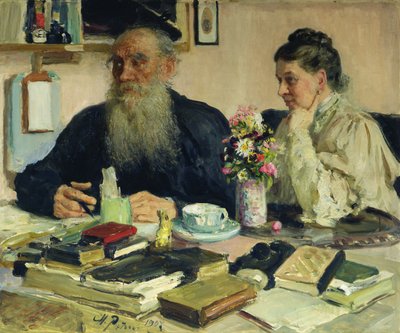 Leo Tolstoi vaimonsa kanssa Jasnaja Poljanassa, 1907 tekijältä Ilya Efimovich Repin